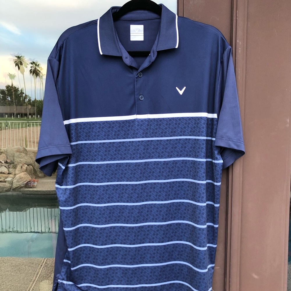 Callaway opti-dri Blue with Geo and Striped Patterned Front Golf Polo M